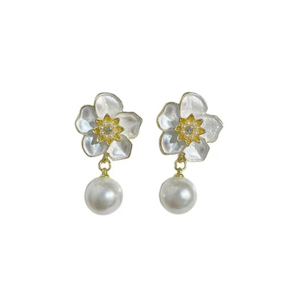 Pearl and Flower Statement Earrings White