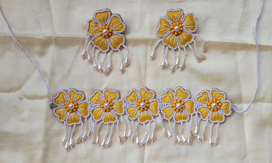 Embroidered Necklace Set with Mang Tika and Bracelet, Haldi Jewellery : Handmade