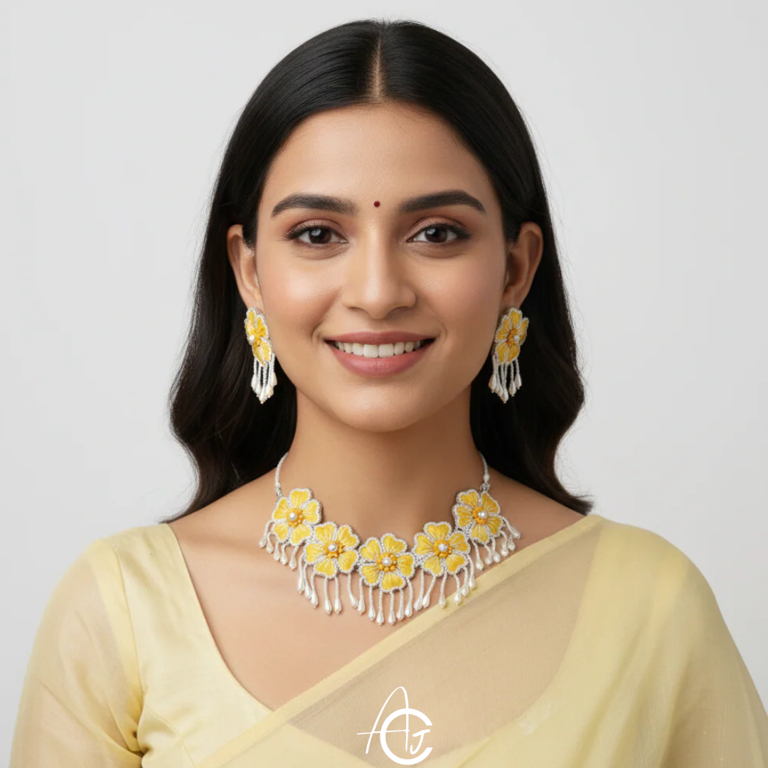 Embroidered Necklace Set with Mang Tika and Bracelet, Haldi Jewellery : Handmade
