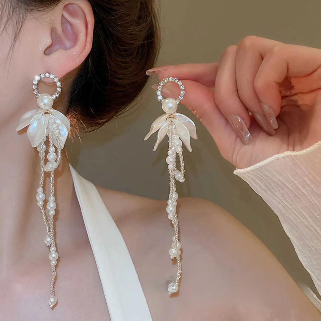 Flower Pearl Chain Drop Statement Earrings