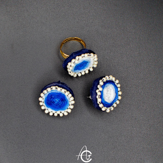 Embroidered Fabric Earrings with Finger Ring : Handmade