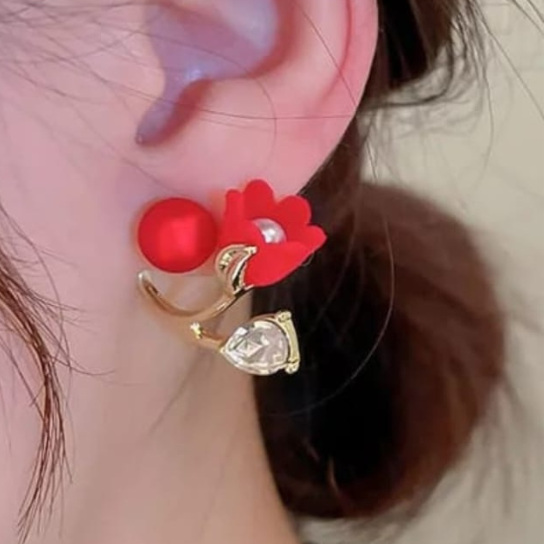 Pearl And Flower Red Earrings