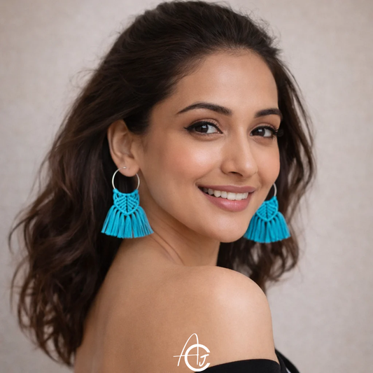 Macrame Earrings Blue : Handmade