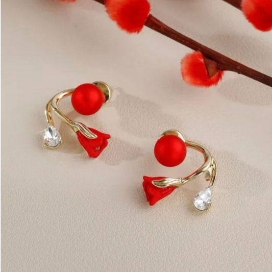 Pearl And Flower Red Earrings