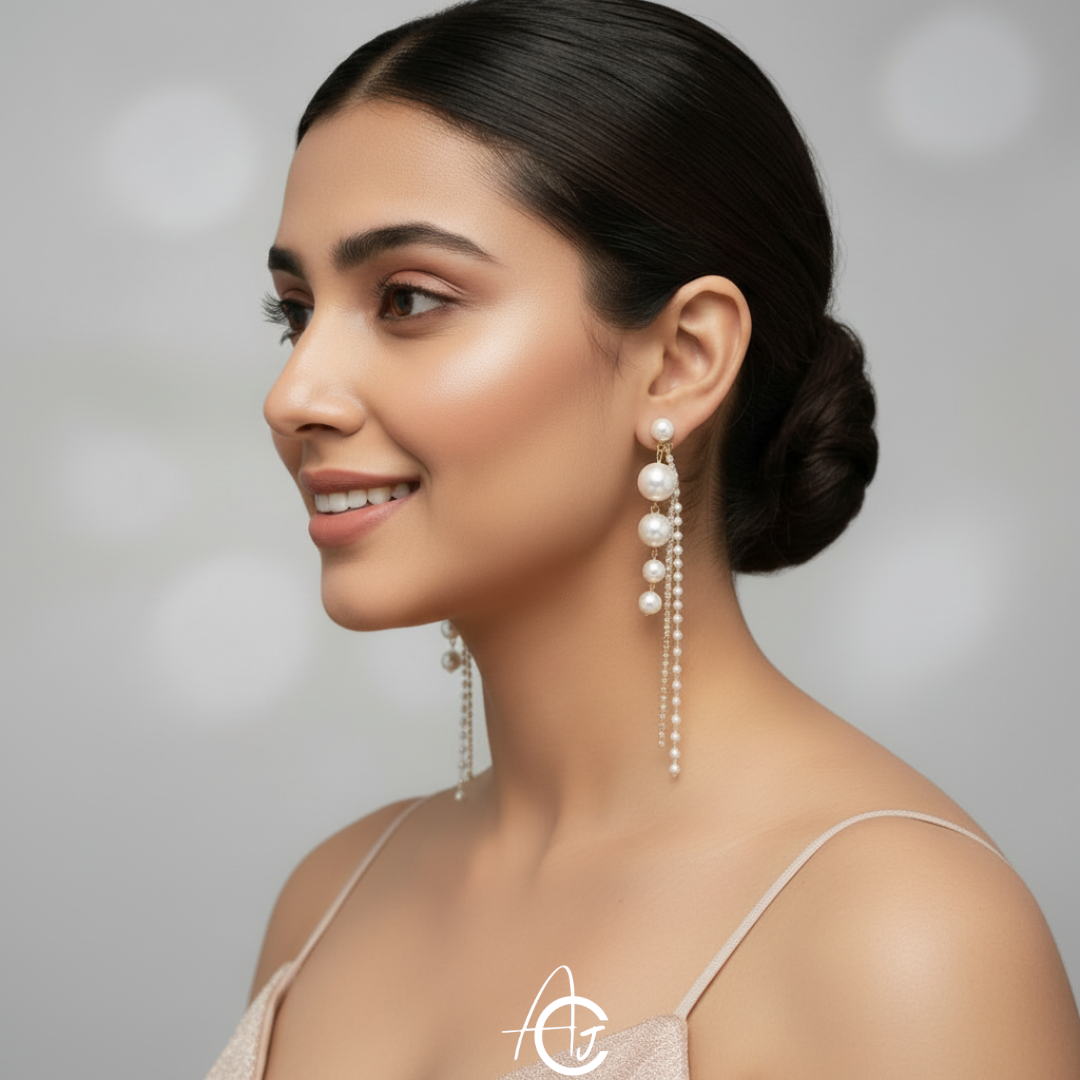 Bling Pearl Long Statement Earrings