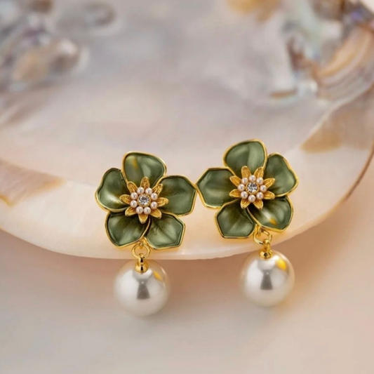 Pearl and Flower Statement Earrings Green
