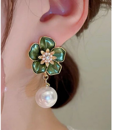 Pearl and Flower Statement Earrings Green