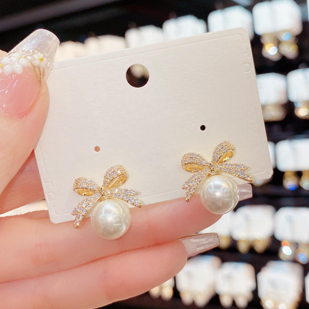 Bling Bow Pearl Earrings