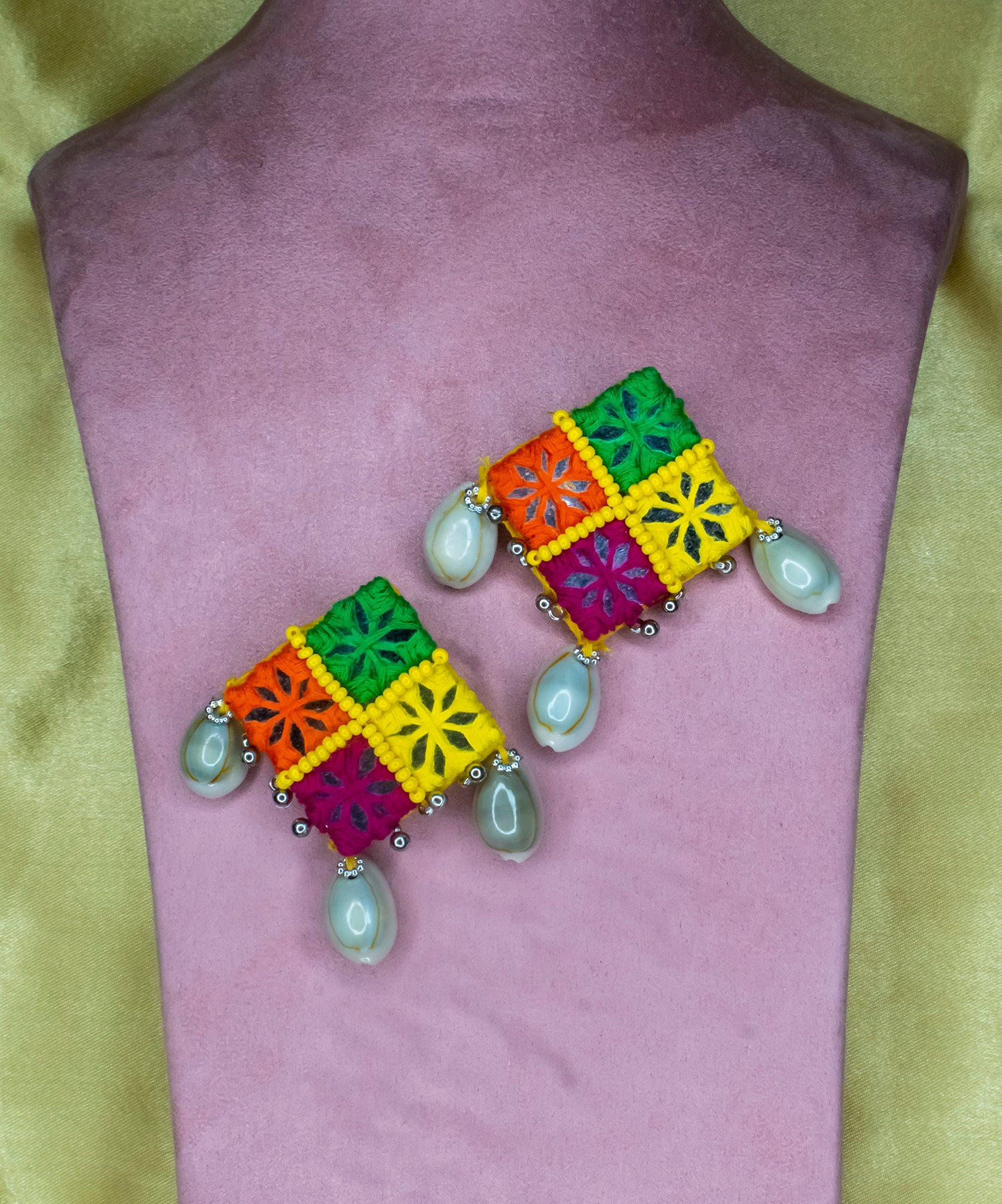 Embroidered Fabric Earrings : Handmade