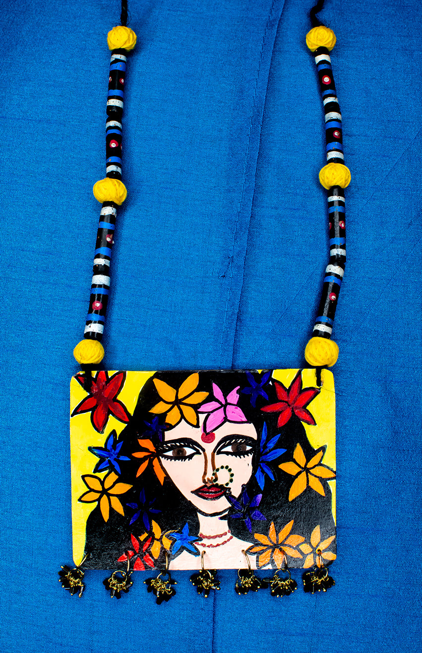 Diva and Flowers Necklace, Handpainted : Handmade