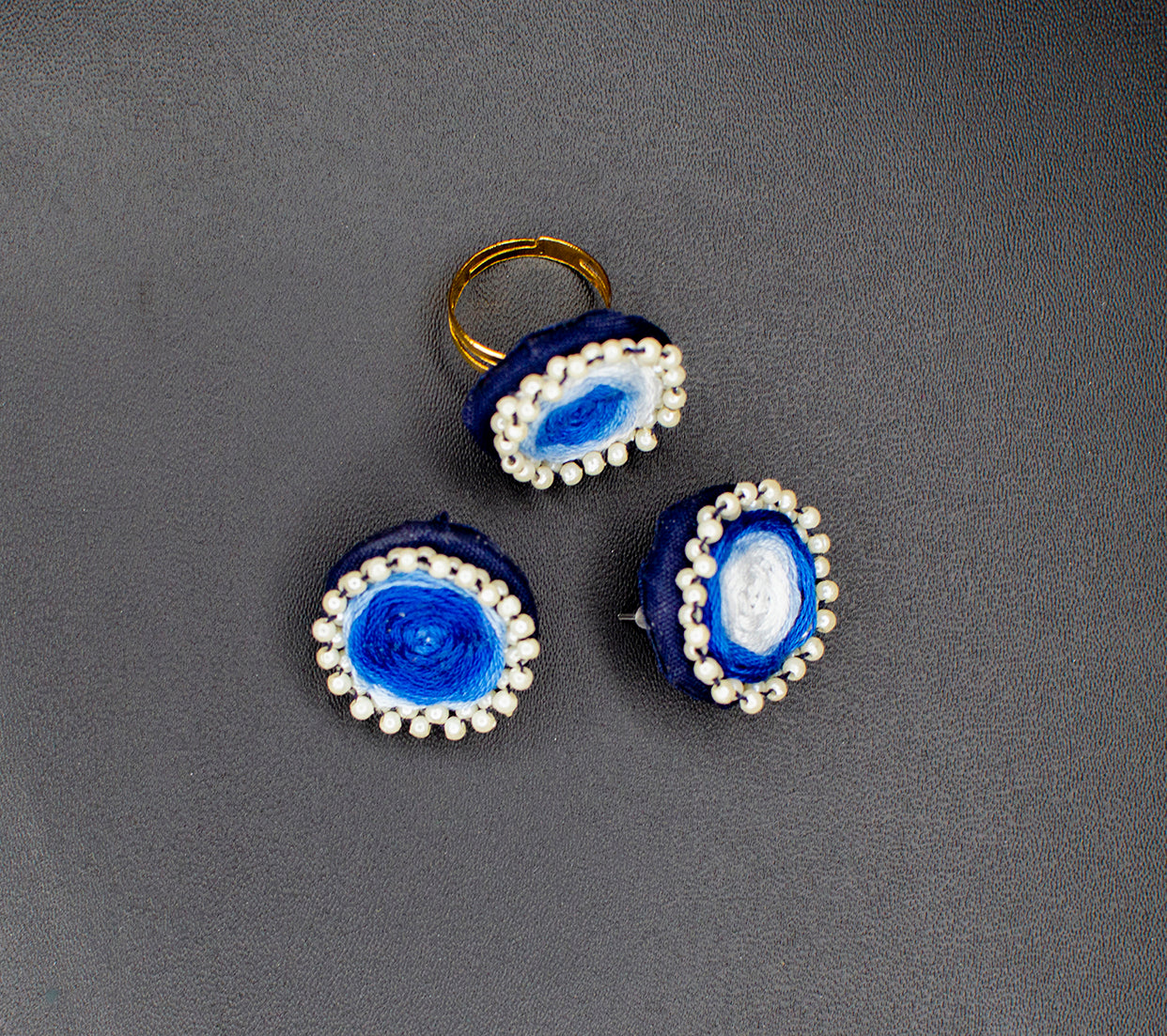 Embroidered Fabric Earrings with Finger Ring : Handmade