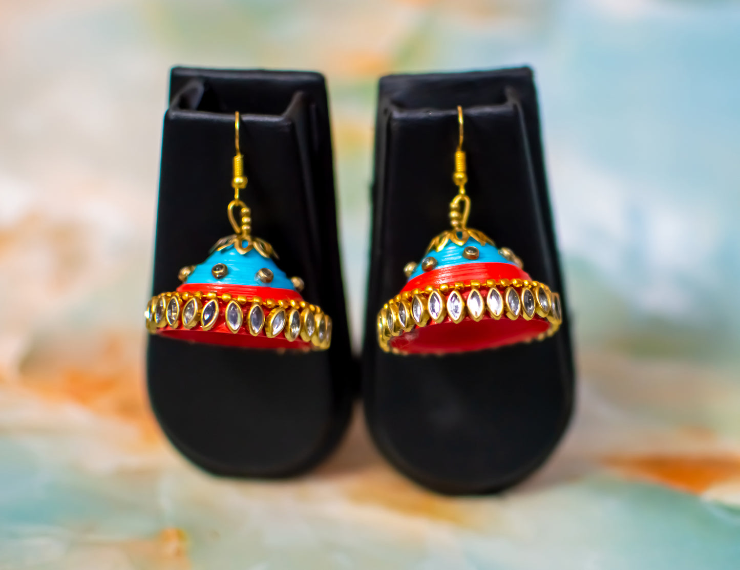 Handmade Jewellery - Red and Blue Big Jhumka Earrings