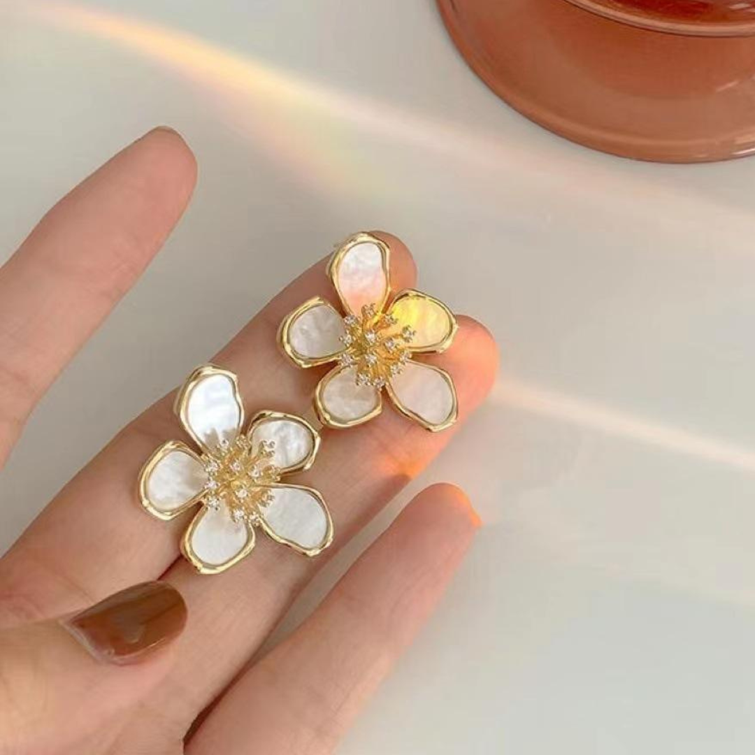 Flower Statement White Earrings