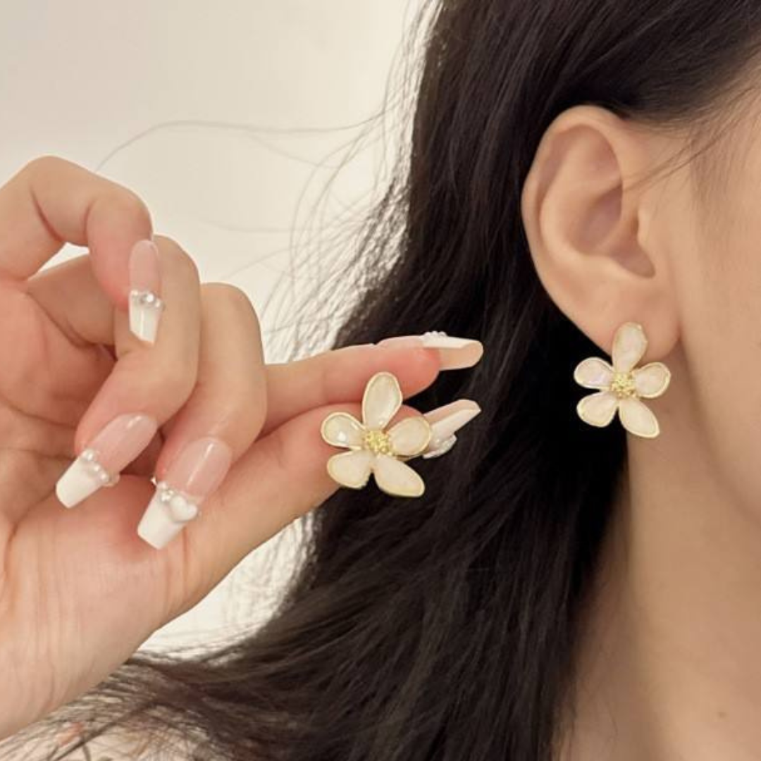 Flower Statement White Earrings