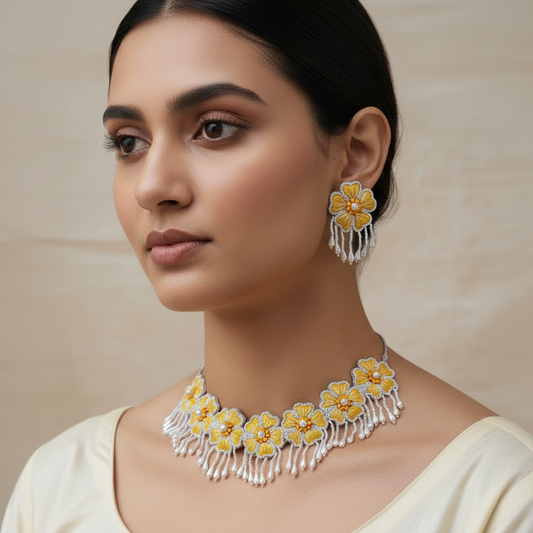 Embroidered Necklace Set, Haldi Jewellery : Handmade