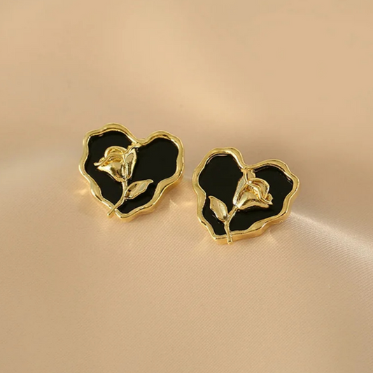 Black Floral Heart Earrings