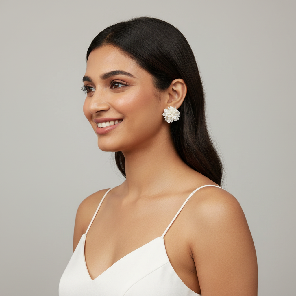 Flower Statement White Earrings