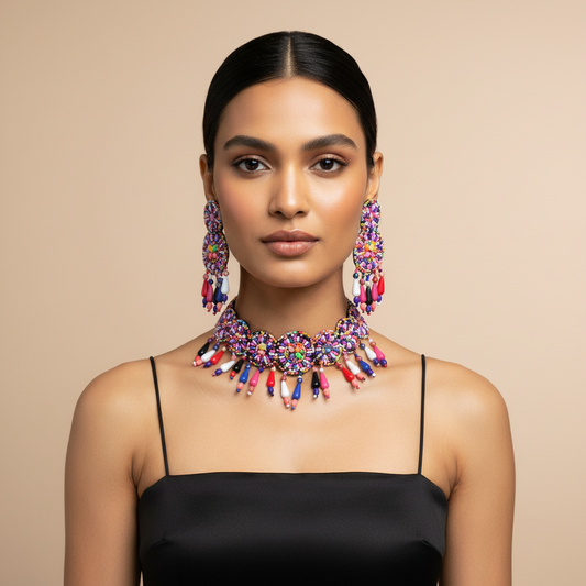 Beads Embroidered Necklace Set : Handmade