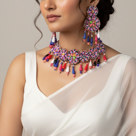 Beads Embroidered Necklace Set : Handmade