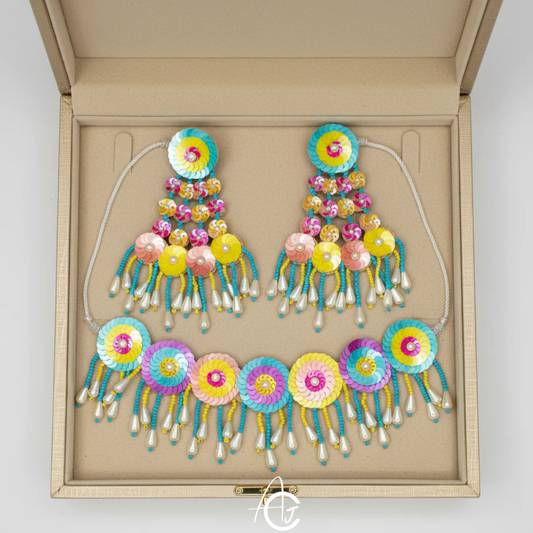 Beads Embroidered Necklace Set, Haldi Jewellery : Handmade