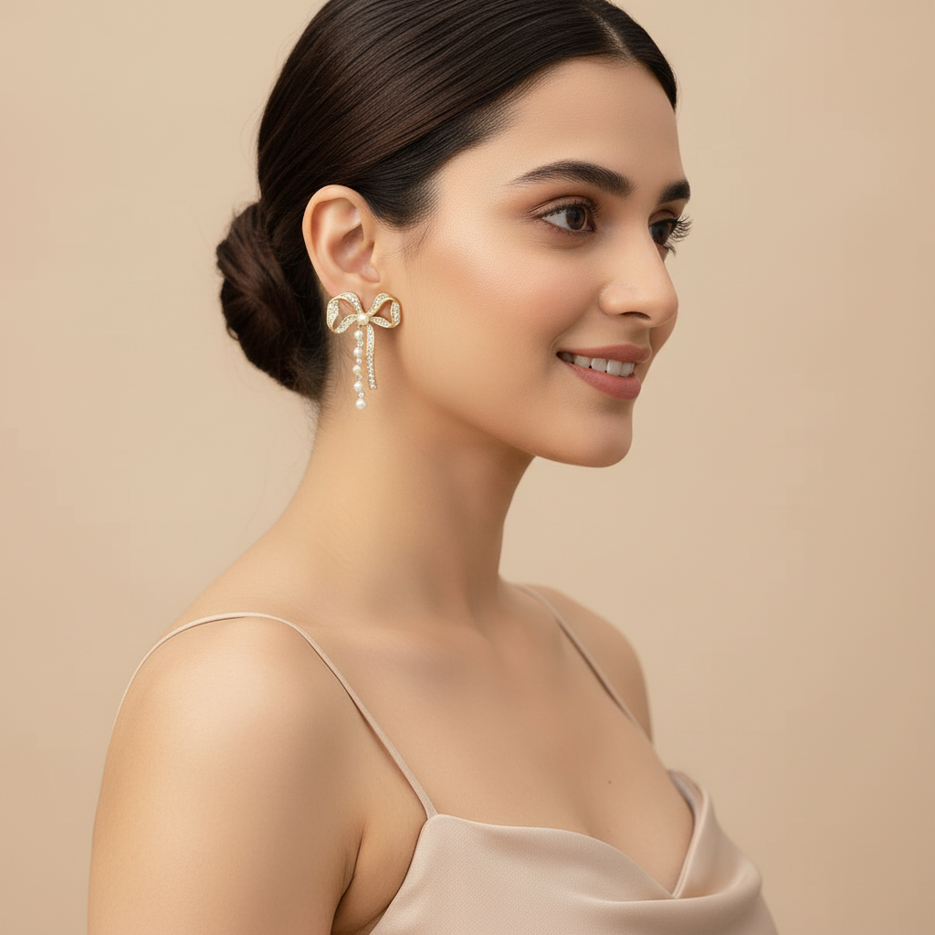 Bling Bow Pearl Earrings