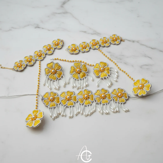Embroidered Necklace Set with Mang Tika and Bracelet, Haldi Jewellery : Handmade