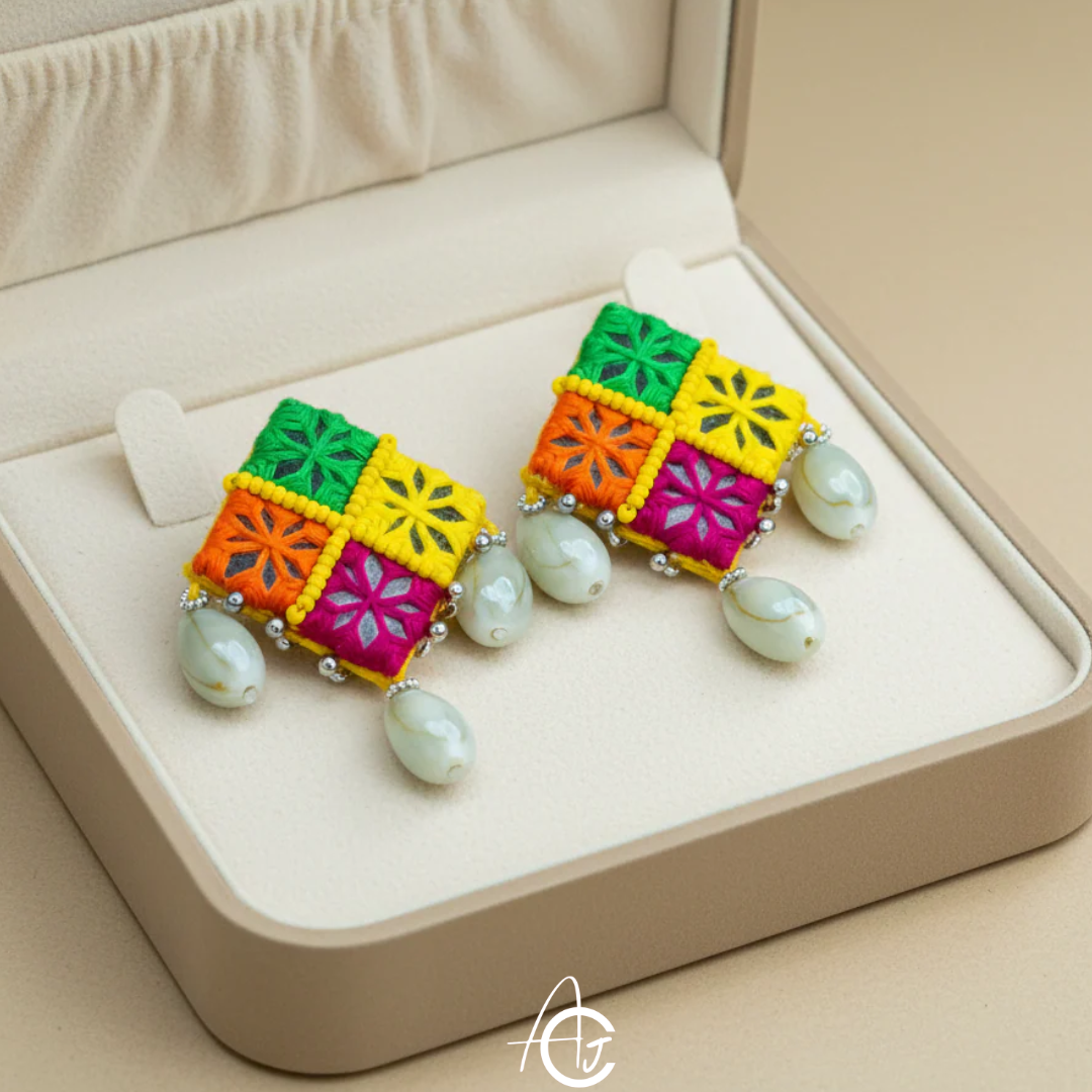 Embroidered Fabric Earrings : Handmade