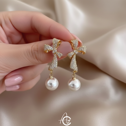 Bling Bow Drop Pearl Earrings