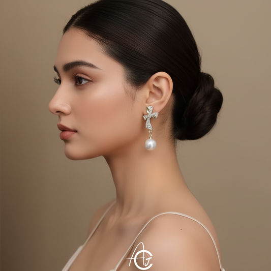 Bling Bow Drop Pearl Earrings