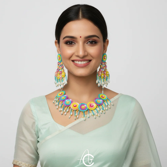 Beads Embroidered Necklace Set, Haldi Jewellery : Handmade