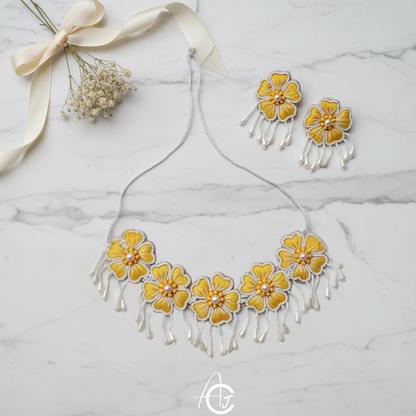 Embroidered Necklace Set with Mang Tika and Bracelet, Haldi Jewellery : Handmade