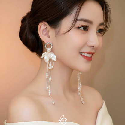 Flower Pearl Chain Drop Statement Earrings