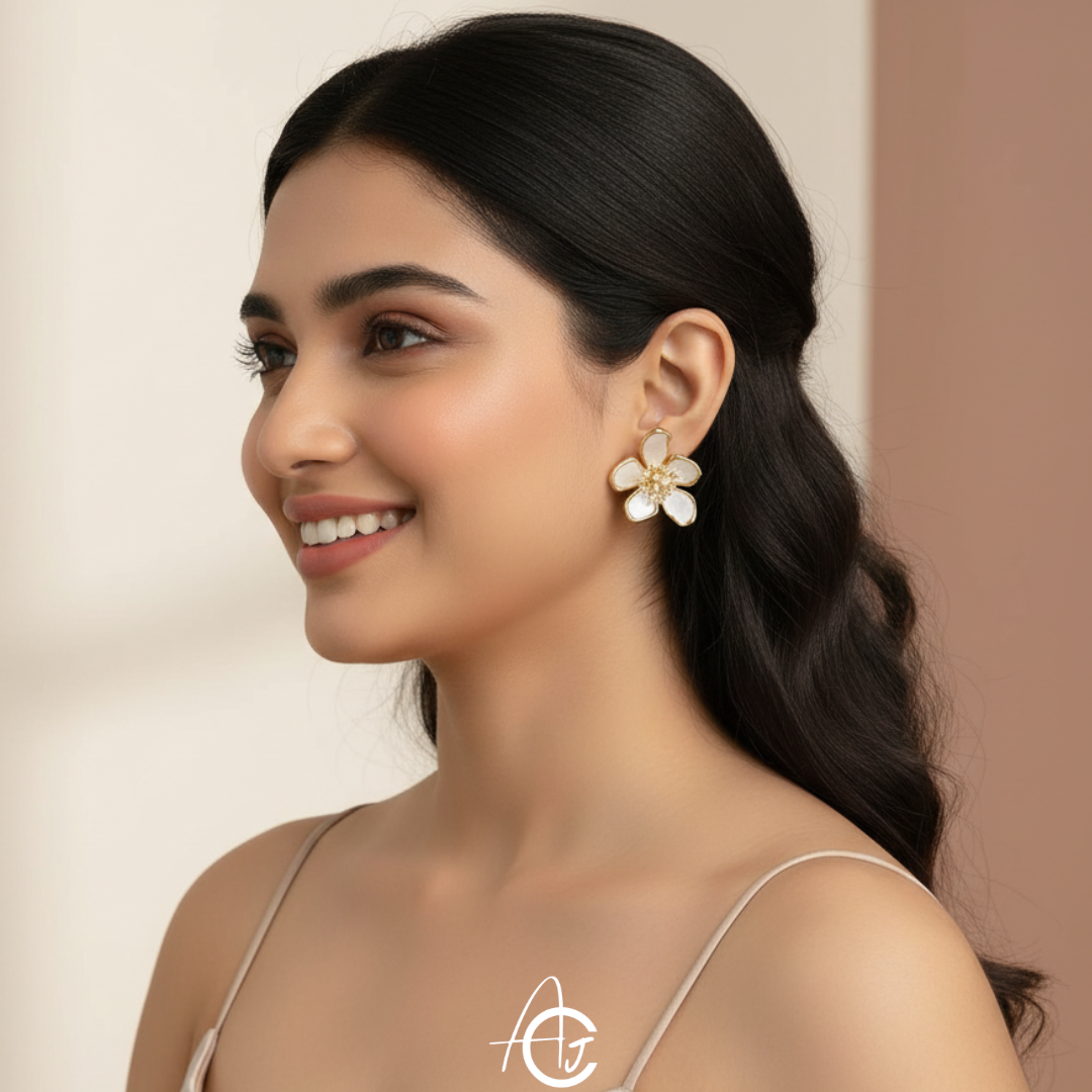 Flower Statement White Earrings