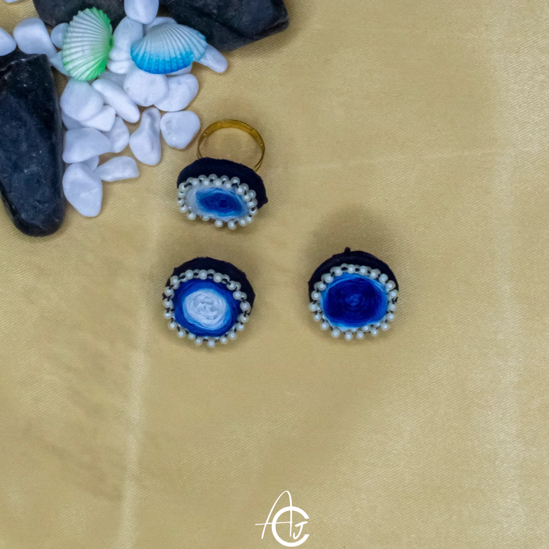Embroidered Fabric Earrings with Finger Ring : Handmade