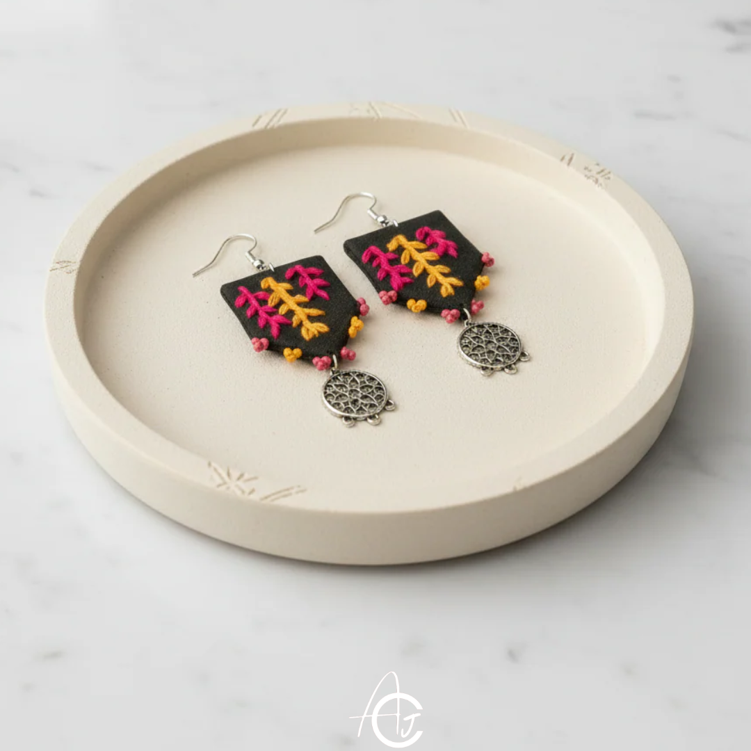 Embroidered Fabric Earrings : Handmade
