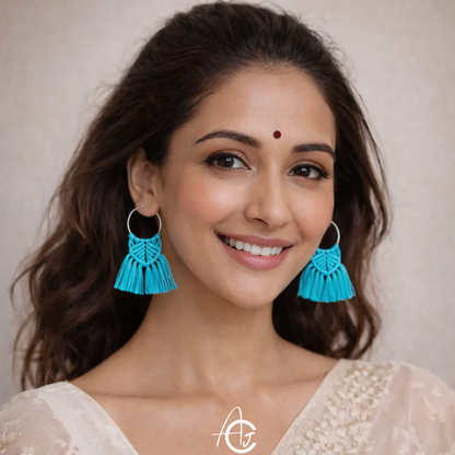 Macrame Earrings Blue : Handmade