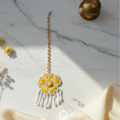 Embroidered Necklace Set with Mang Tika and Bracelet, Haldi Jewellery : Handmade