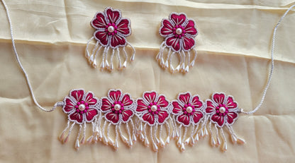 Priyam Embroidered Necklace Set (Rani), Haldi Jewellery : Handmade