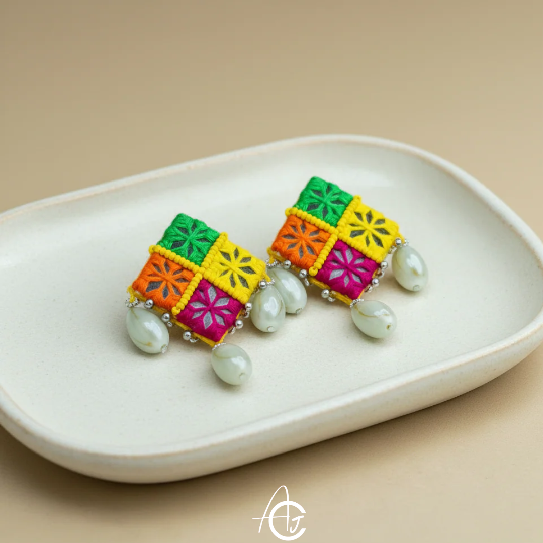 Embroidered Fabric Earrings : Handmade