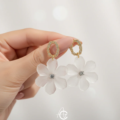 White Flower Drop Earrings