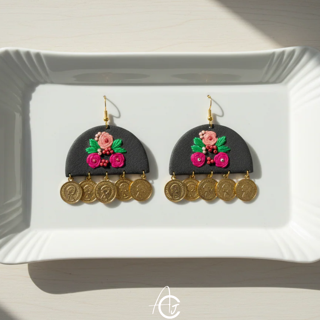 Embroidered Fabric Earrings : Handmade