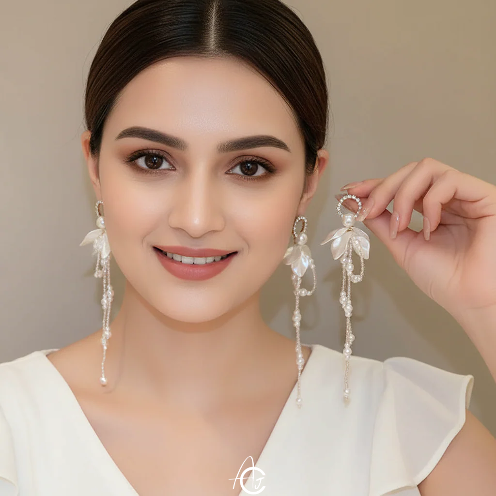 Flower Pearl Chain Drop Statement Earrings