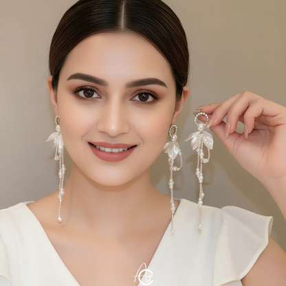 Flower Pearl Chain Drop Statement Earrings