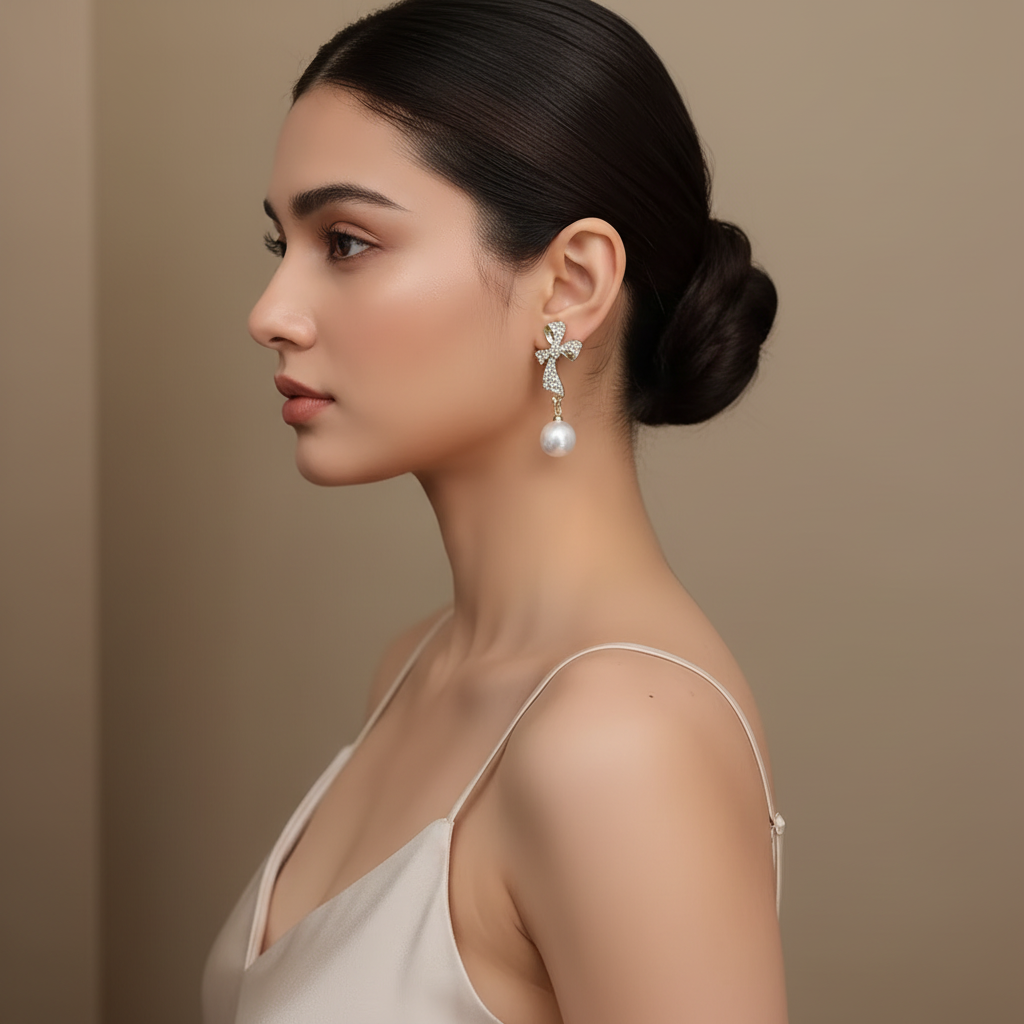 Bling Bow Drop Pearl Earrings