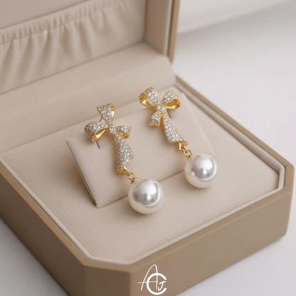 Bling Bow Drop Pearl Earrings