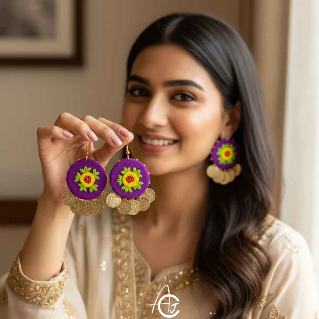 Embroidered Fabric Earrings : Handmade