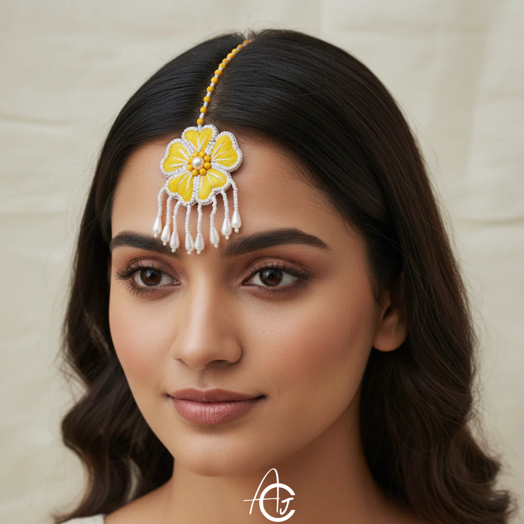 Embroidered Necklace Set with Mang Tika and Bracelet, Haldi Jewellery : Handmade