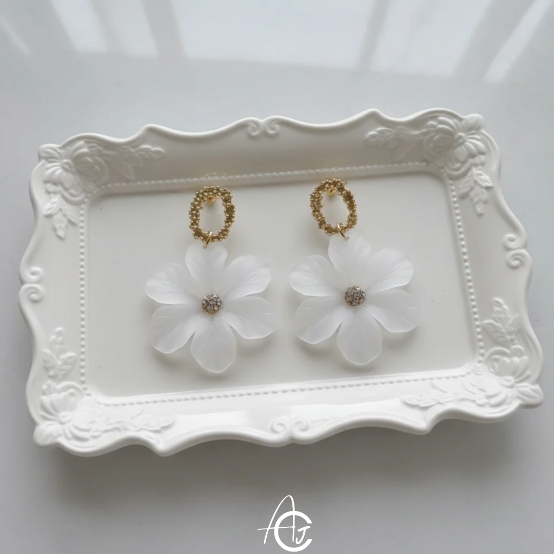 White Flower Drop Earrings