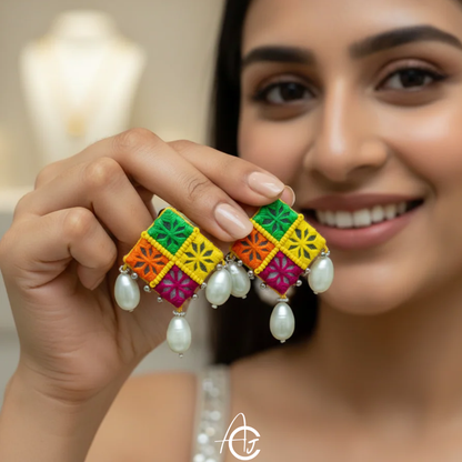 Embroidered Fabric Earrings : Handmade