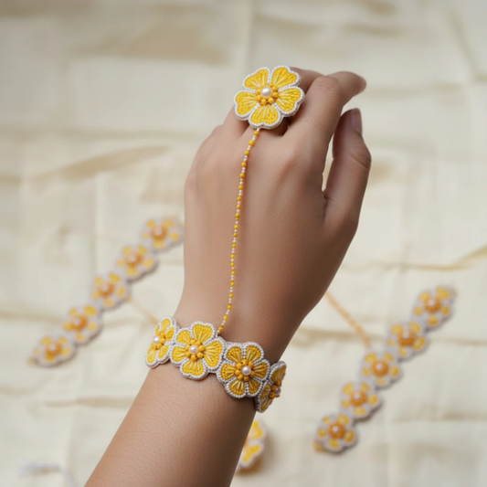 Embroidered Necklace Set with Mang Tika and Bracelet, Haldi Jewellery : Handmade